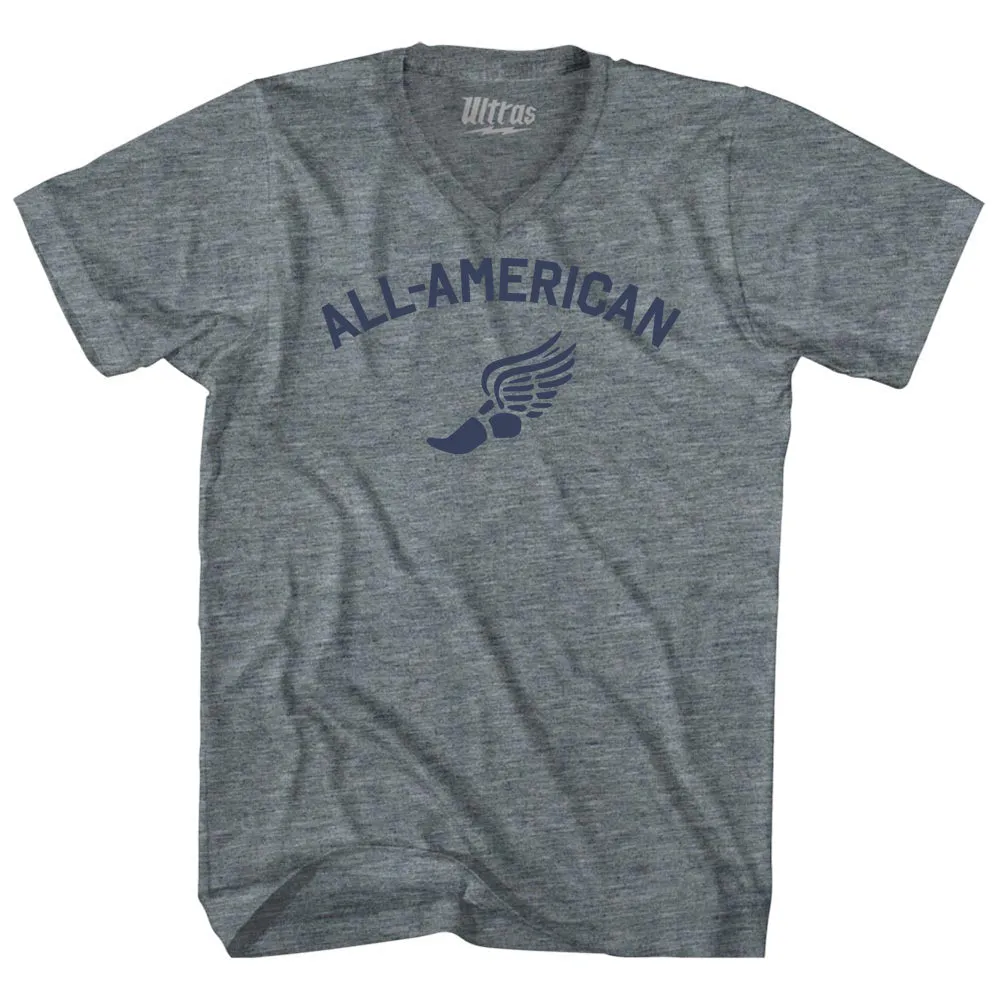 All-American Running Track Winged Foot Adult Tri-Blend V-neck T-shirt
