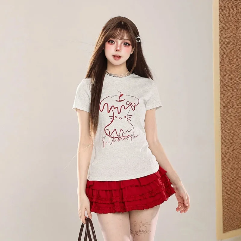 American Retro Style Cartoon Apple Print Slim T-shirt