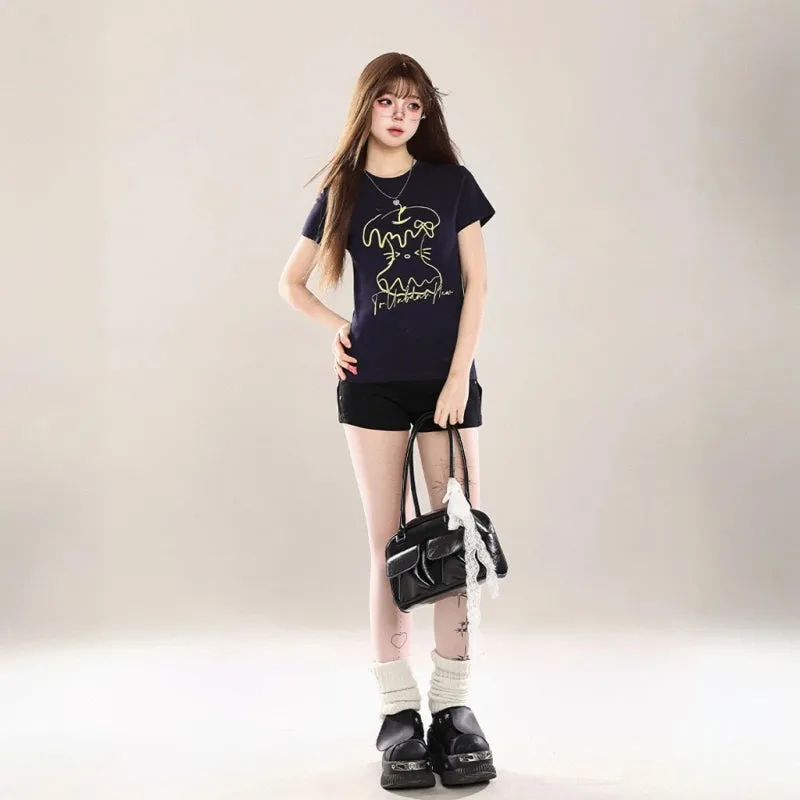 American Retro Style Cartoon Apple Print Slim T-shirt