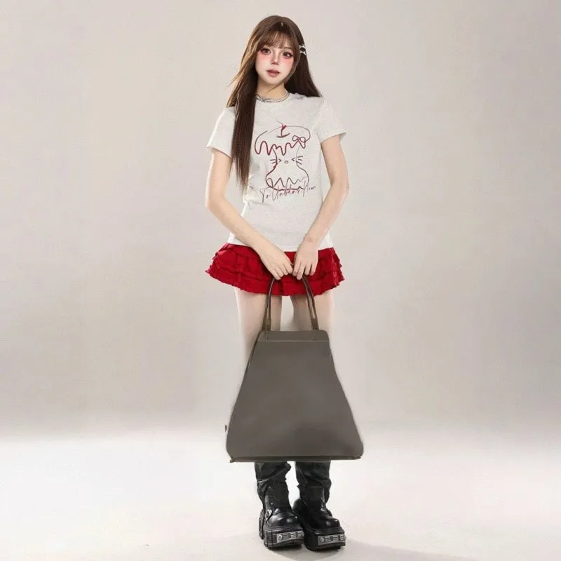 American Retro Style Cartoon Apple Print Slim T-shirt