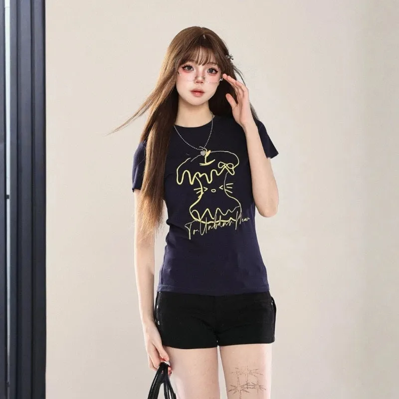 American Retro Style Cartoon Apple Print Slim T-shirt