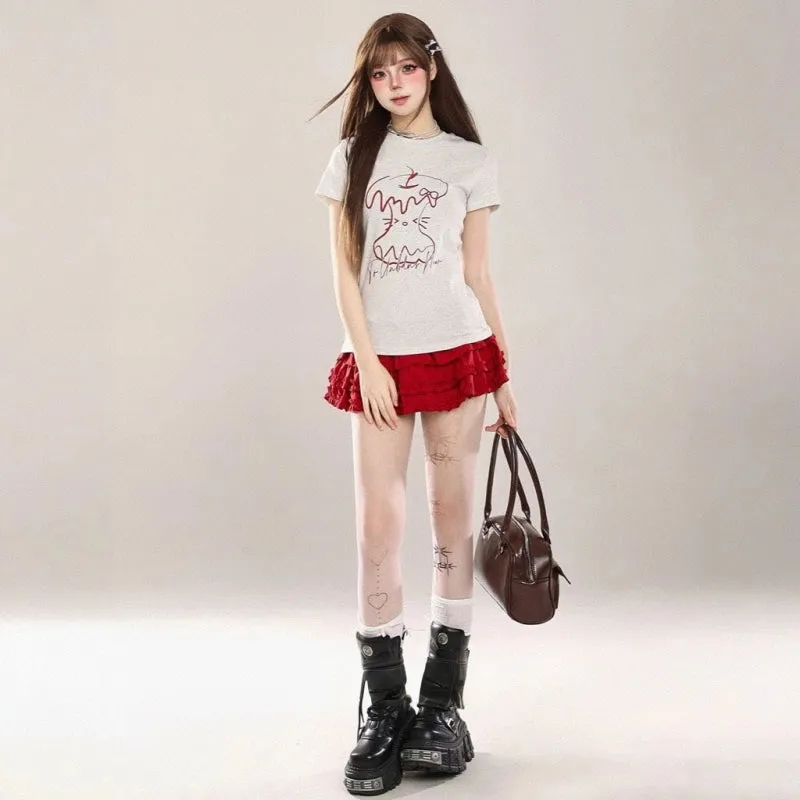American Retro Style Cartoon Apple Print Slim T-shirt