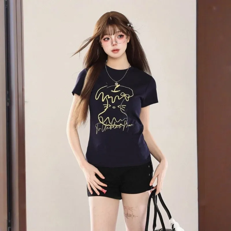 American Retro Style Cartoon Apple Print Slim T-shirt
