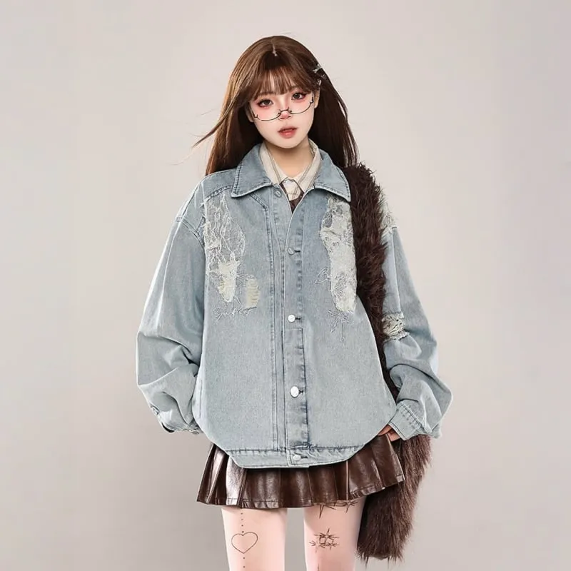 American Retro Style Lace Stitching Denim Jacket