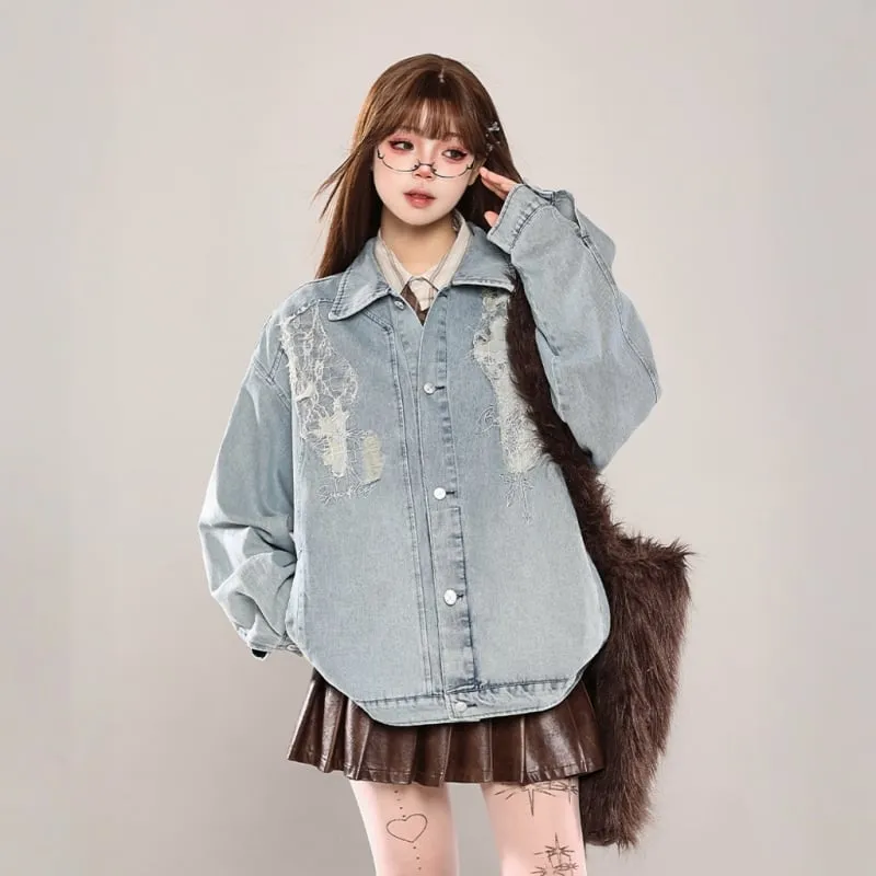 American Retro Style Lace Stitching Denim Jacket