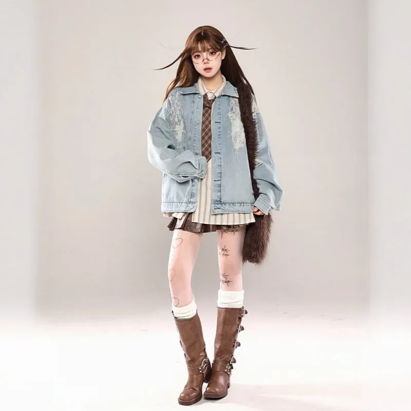 American Retro Style Lace Stitching Denim Jacket