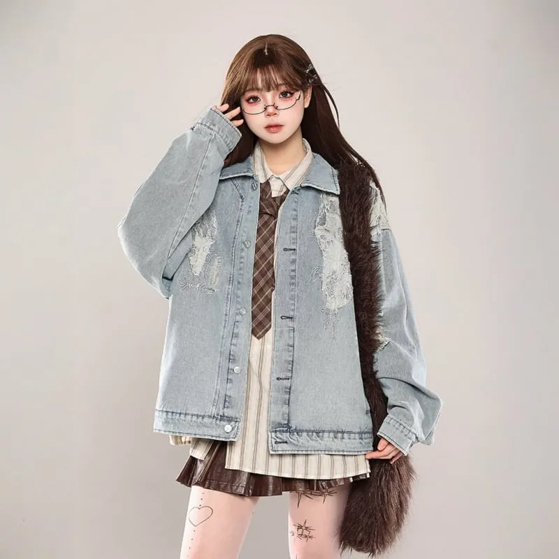 American Retro Style Lace Stitching Denim Jacket