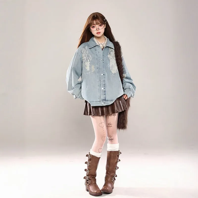American Retro Style Lace Stitching Denim Jacket