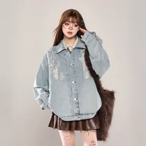 American Retro Style Lace Stitching Denim Jacket
