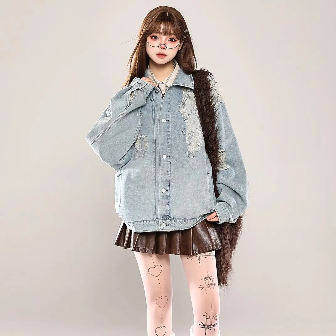 American Retro Style Lace Stitching Denim Jacket