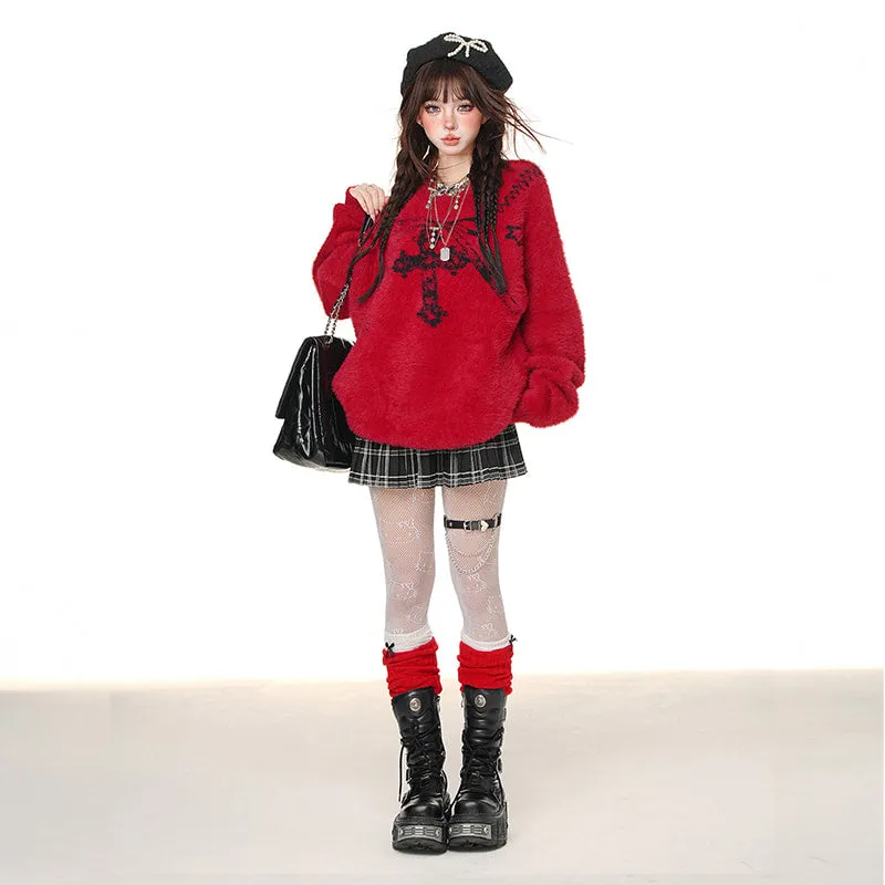 American Sweet Girl Style Cross Princess Embroidered Loose Sweater