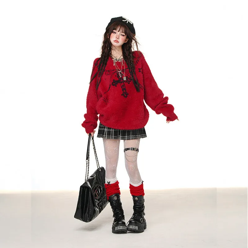 American Sweet Girl Style Cross Princess Embroidered Loose Sweater