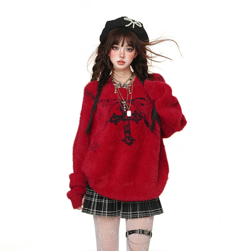 American Sweet Girl Style Cross Princess Embroidered Loose Sweater