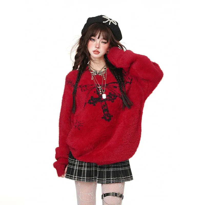 American Sweet Girl Style Cross Princess Embroidered Loose Sweater
