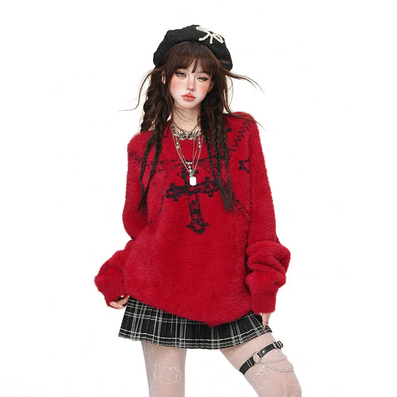 American Sweet Girl Style Cross Princess Embroidered Loose Sweater