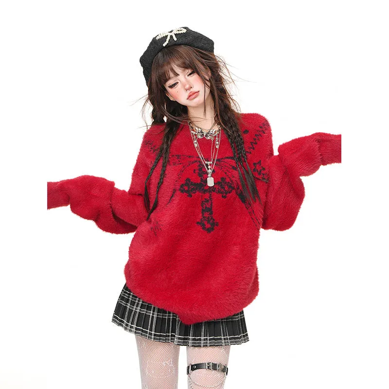 American Sweet Girl Style Cross Princess Embroidered Loose Sweater