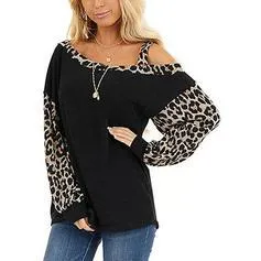 Animal Print One-Shoulder Long Sleeves Casual T-shirts