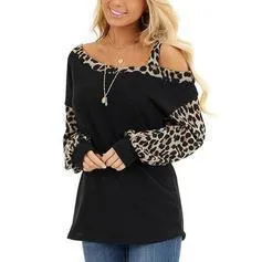 Animal Print One-Shoulder Long Sleeves Casual T-shirts