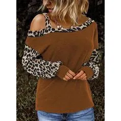 Animal Print One-Shoulder Long Sleeves Casual T-shirts