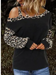 Animal Print One-Shoulder Long Sleeves Casual T-shirts