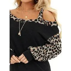 Animal Print One-Shoulder Long Sleeves Casual T-shirts