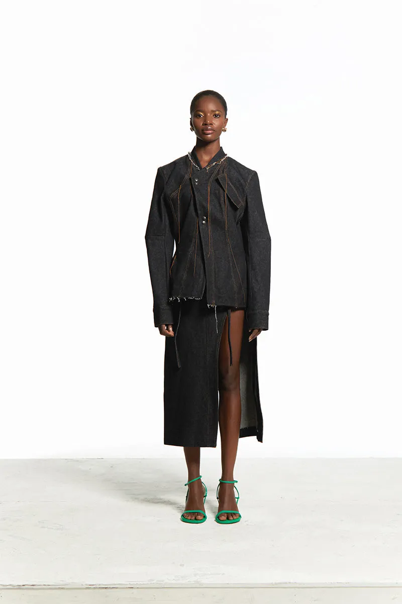 ASYMMETRICAL DENIM JACKET WITH RAW FINISHING