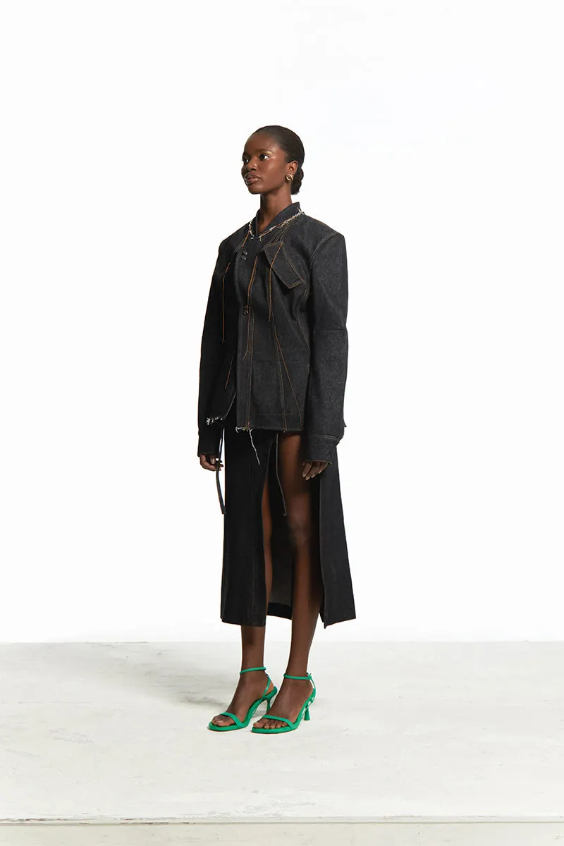 ASYMMETRICAL DENIM JACKET WITH RAW FINISHING