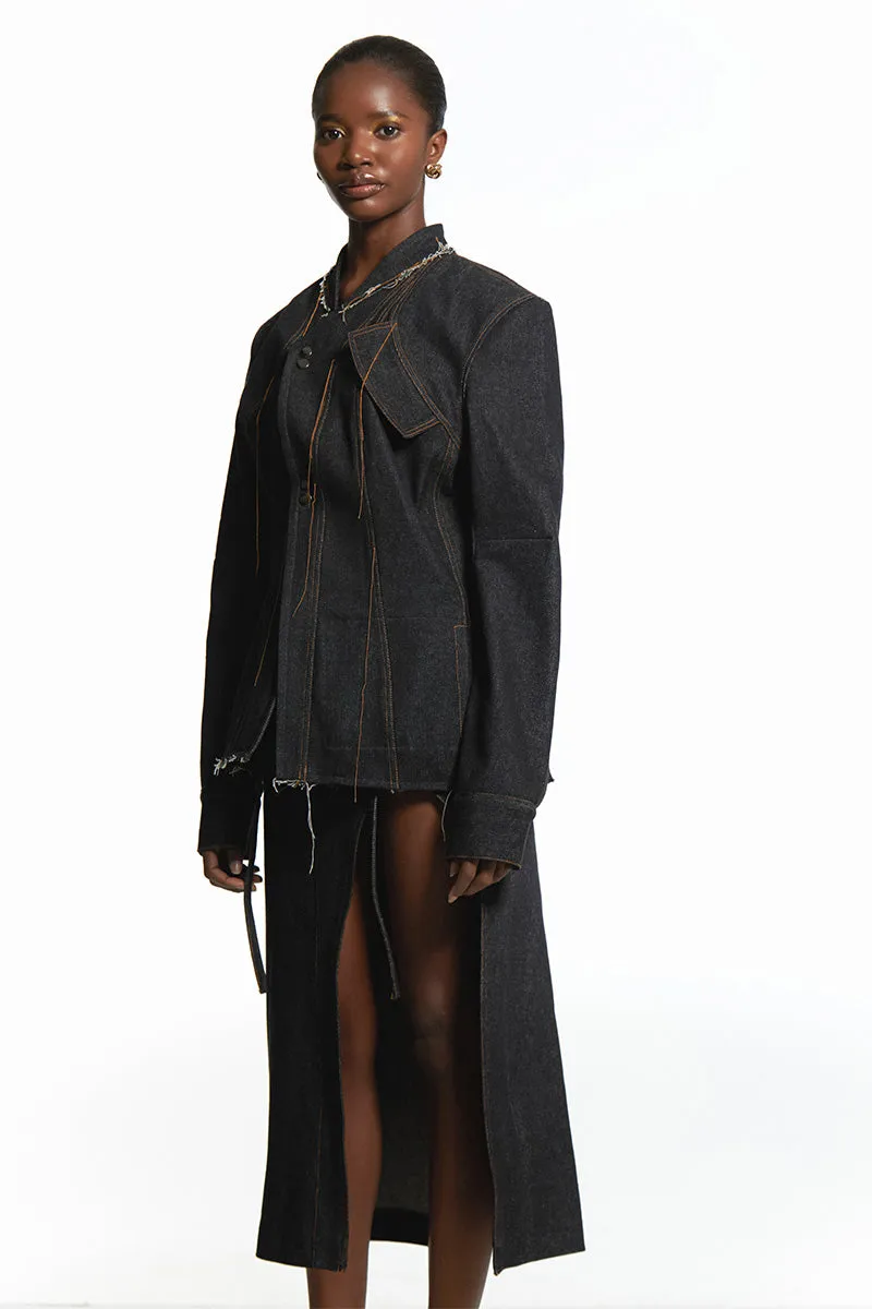 ASYMMETRICAL DENIM JACKET WITH RAW FINISHING