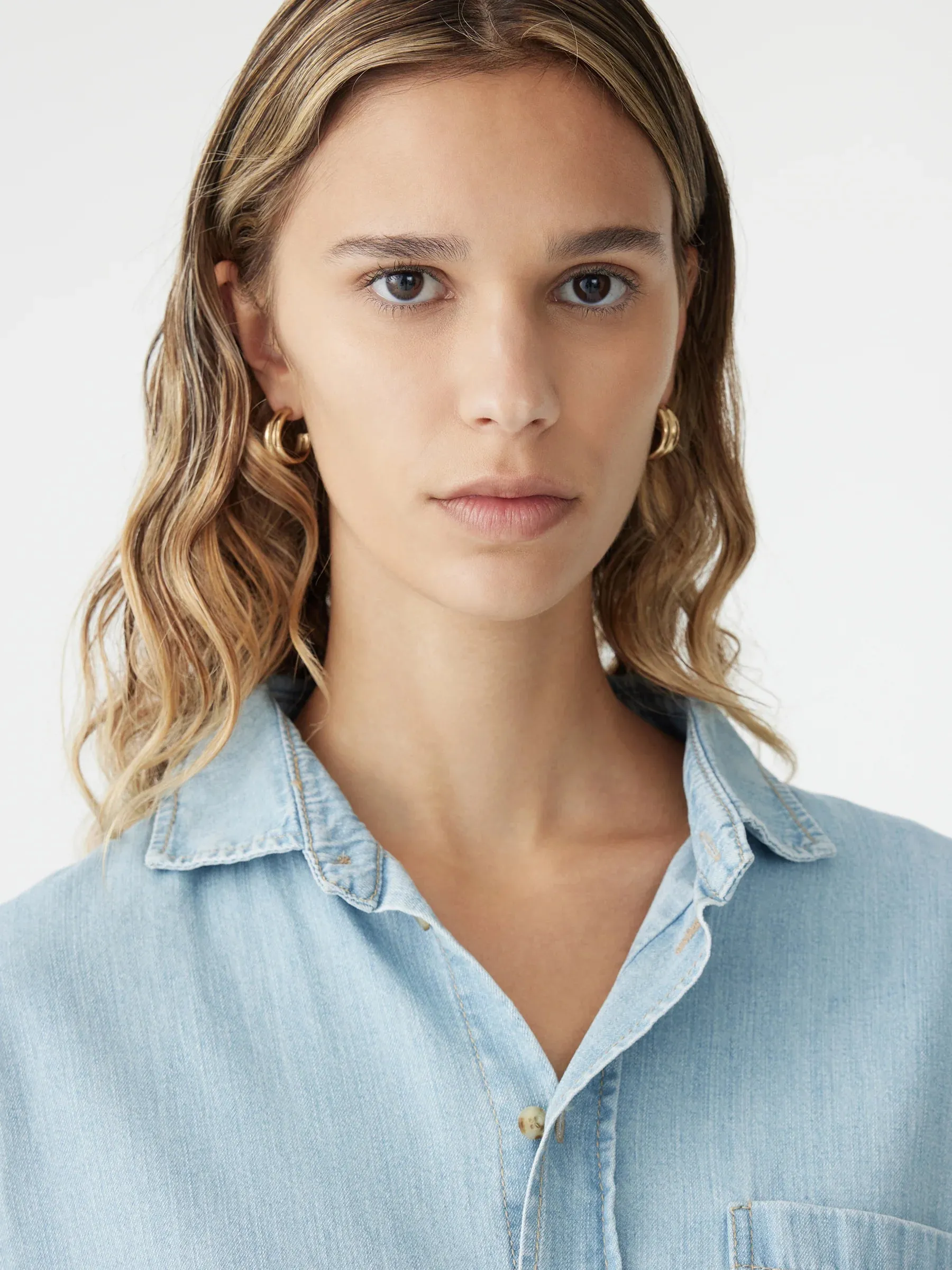 Bassike Organic Denim Cropped Shirt in Light Vintage Blue