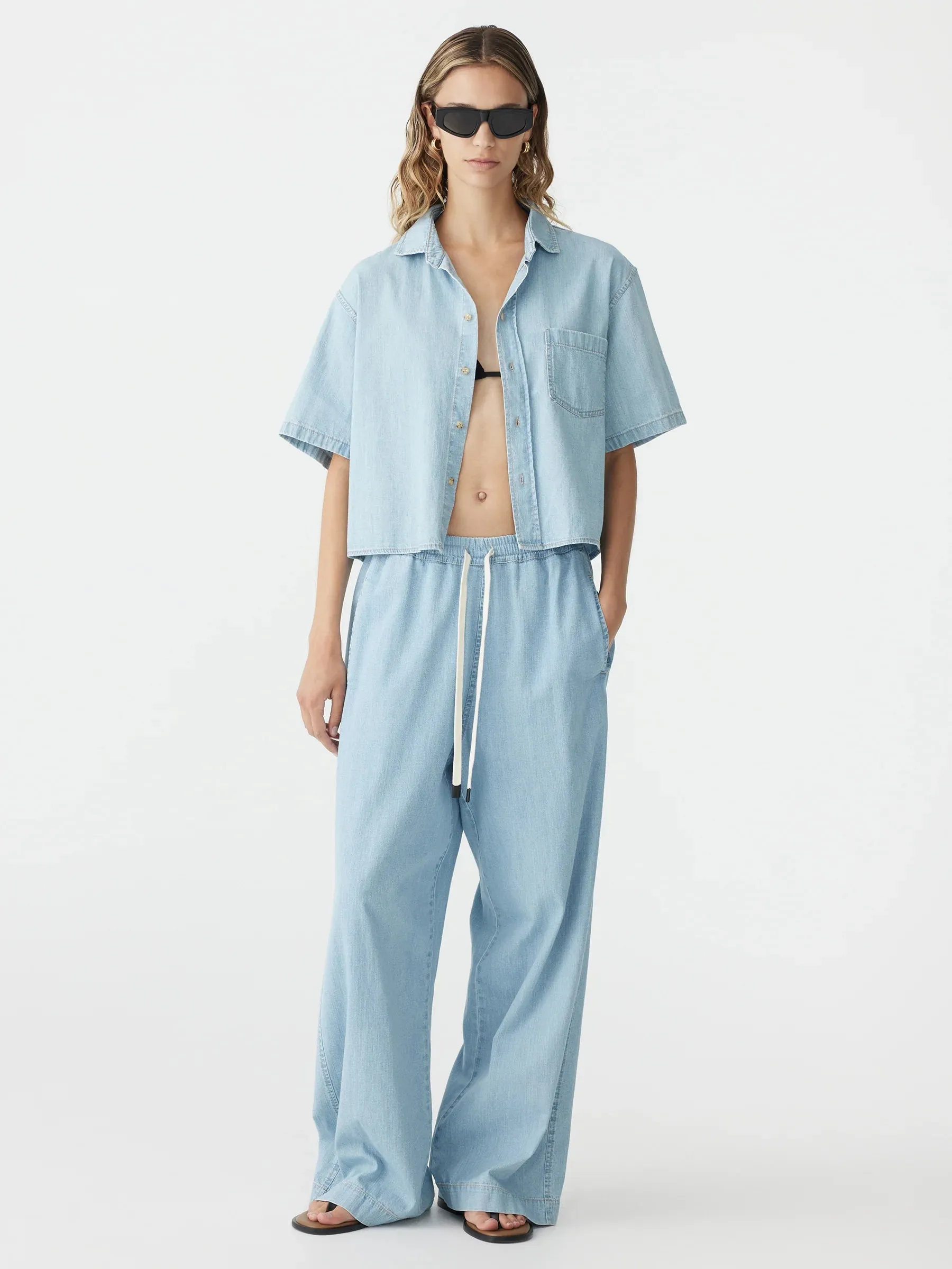 Bassike Organic Denim Cropped Shirt in Light Vintage Blue