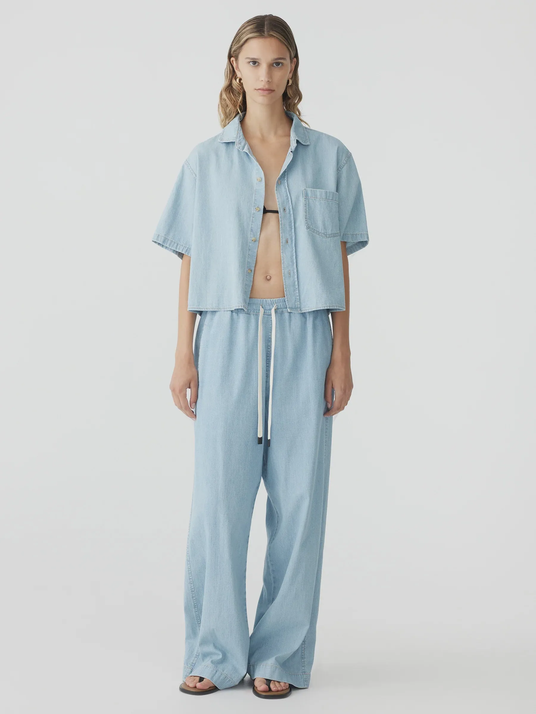 Bassike Organic Denim Cropped Shirt in Light Vintage Blue