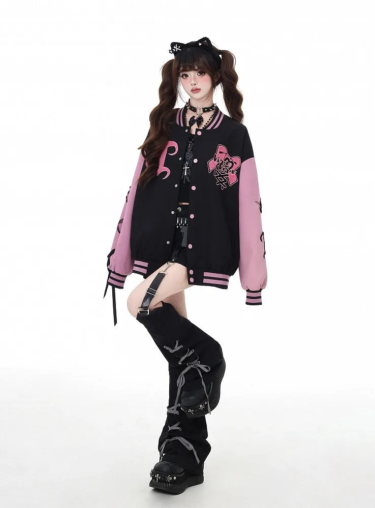 Black & Pink Bow Embroidery Bittersweet Baseball Jacket with Lace-up Detail at Sleeve