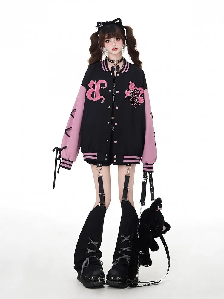 Black & Pink Bow Embroidery Bittersweet Baseball Jacket with Lace-up Detail at Sleeve