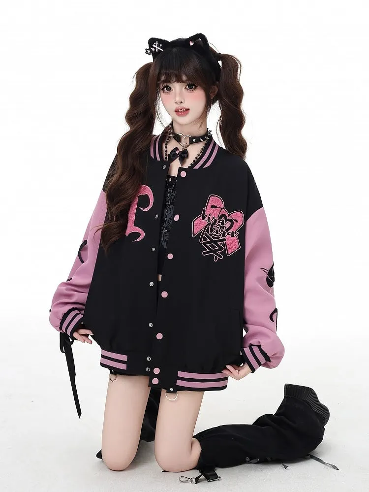 Black & Pink Bow Embroidery Bittersweet Baseball Jacket with Lace-up Detail at Sleeve