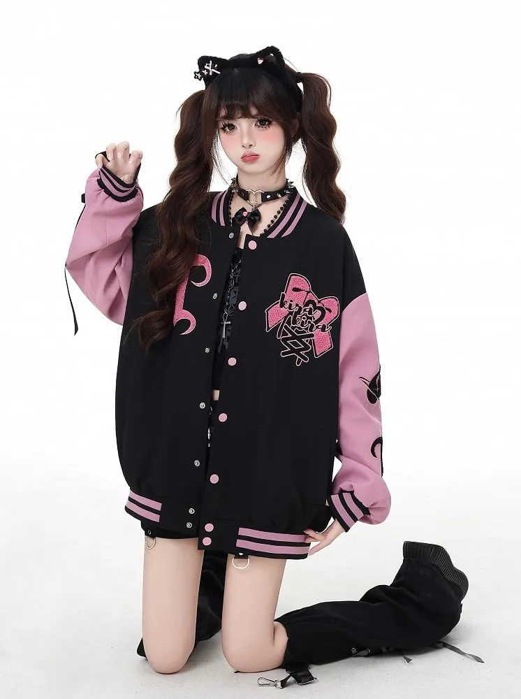 Black & Pink Bow Embroidery Bittersweet Baseball Jacket with Lace-up Detail at Sleeve
