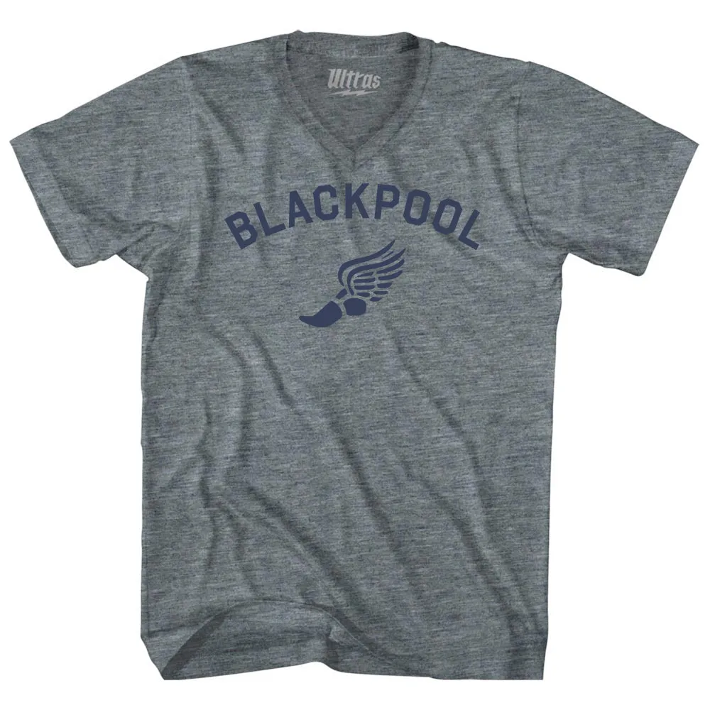 Blackpool Running Track Winged Foot-Tri-Blend V-neck Womens Junior Cut T-shirt
