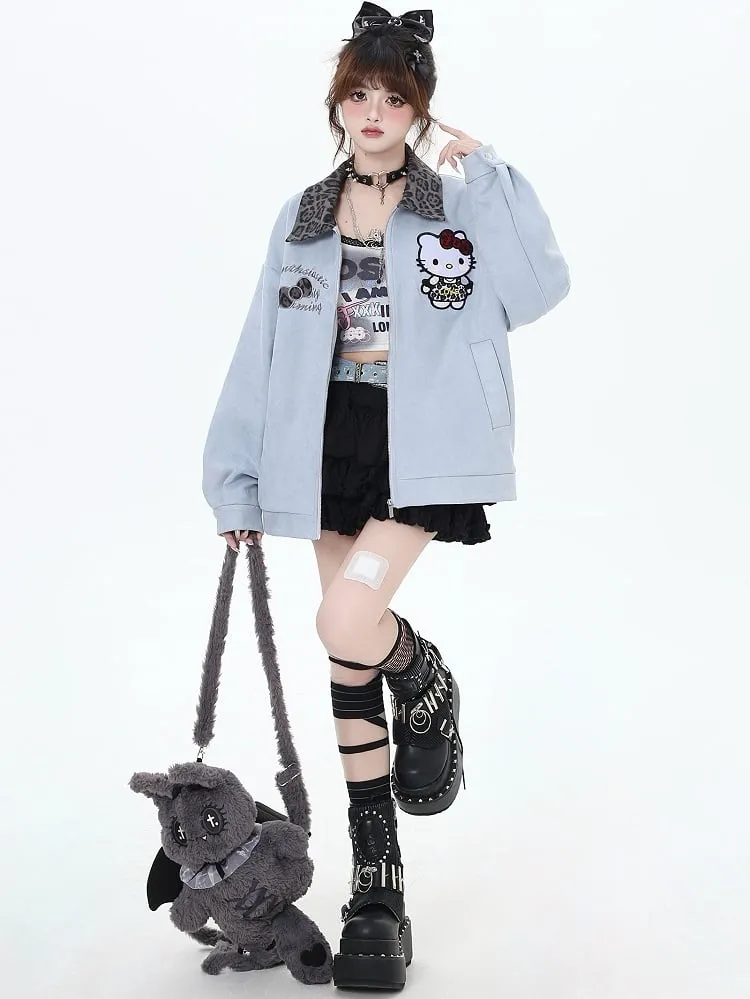 Blue Kitty Leopard Collar Baseball Jacket
