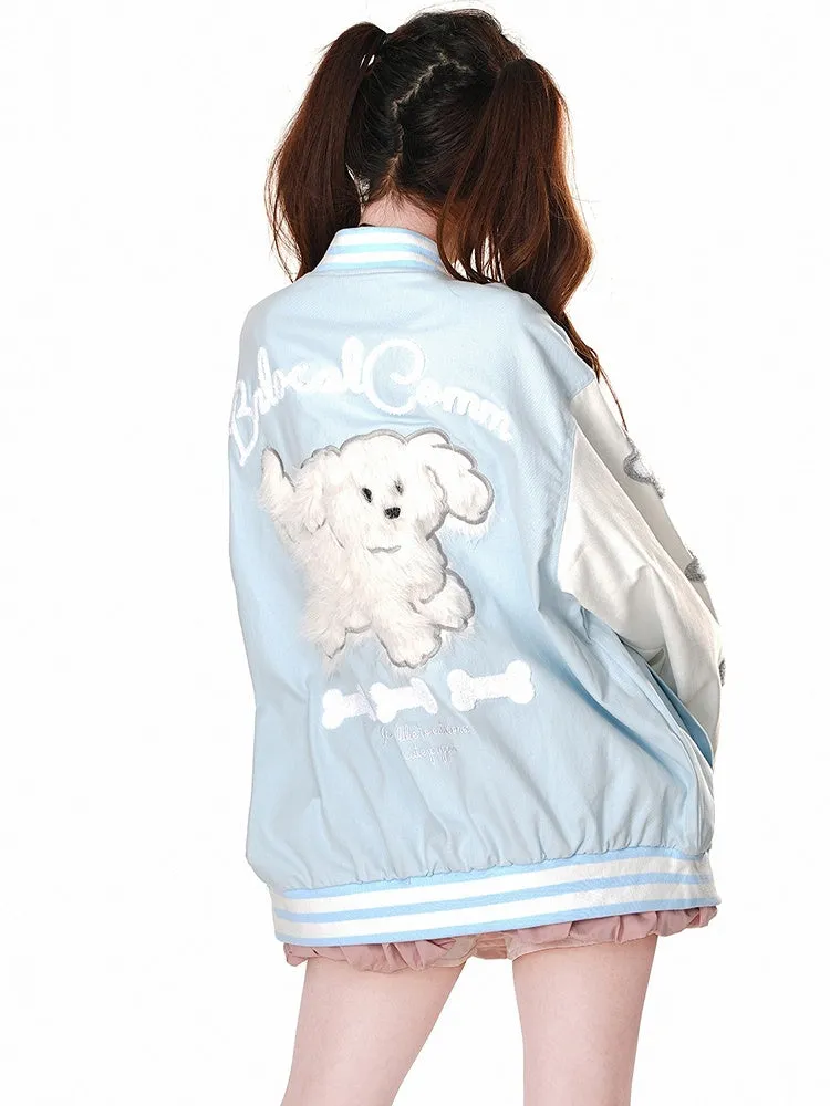 Blue/Pink Cute Puppy Applique at Back Baseball Jacket