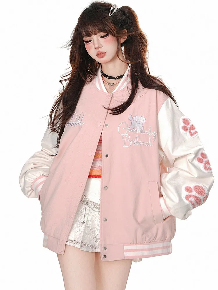 Blue/Pink Cute Puppy Applique at Back Baseball Jacket