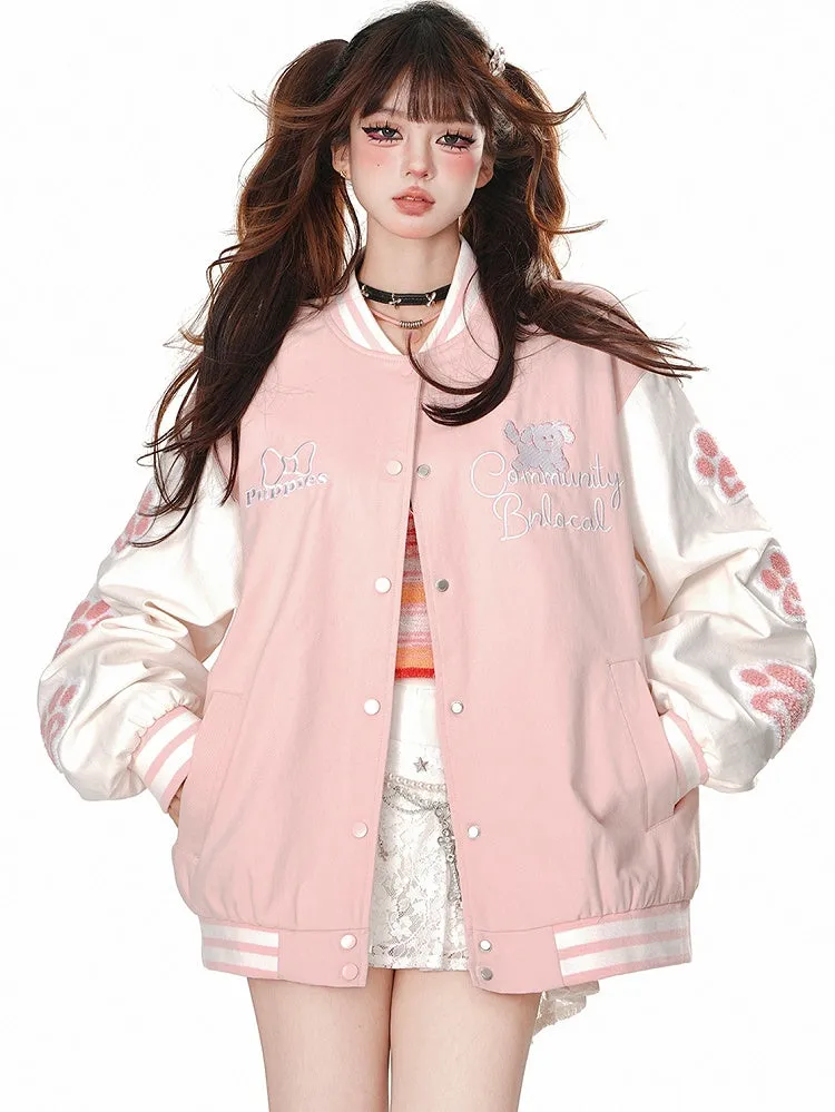 Blue/Pink Cute Puppy Applique at Back Baseball Jacket