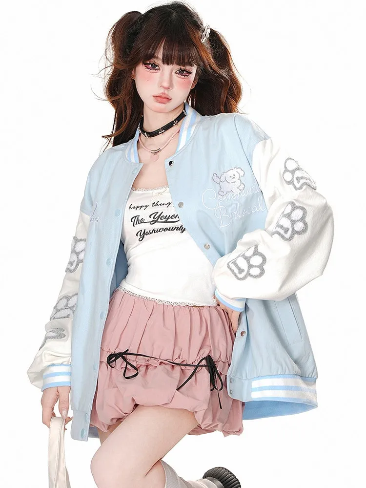 Blue/Pink Cute Puppy Applique at Back Baseball Jacket