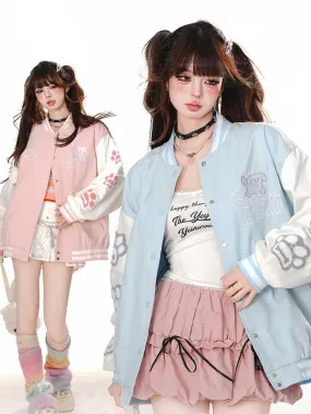 Blue/Pink Cute Puppy Applique at Back Baseball Jacket