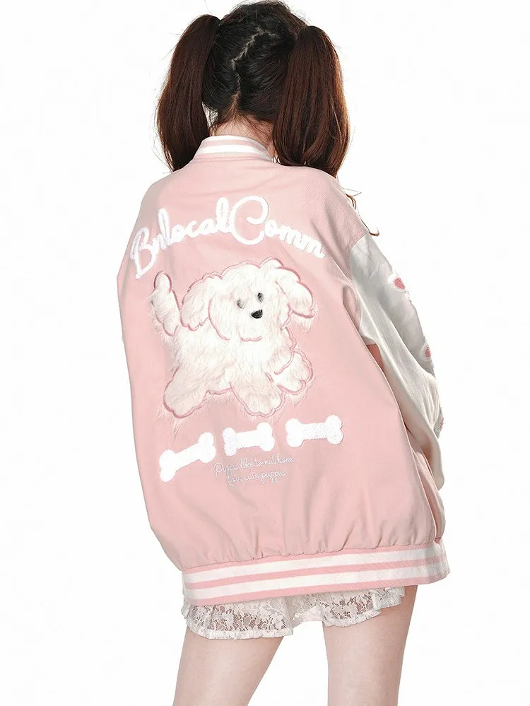 Blue/Pink Cute Puppy Applique at Back Baseball Jacket
