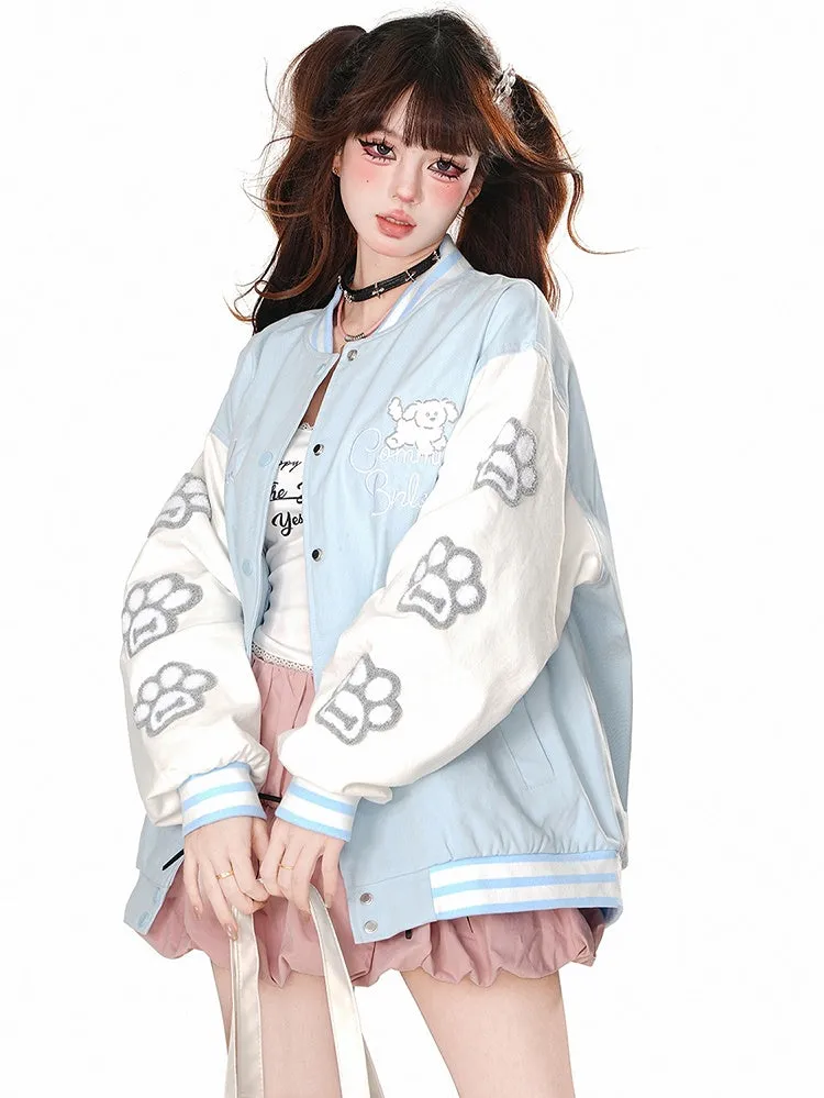 Blue/Pink Cute Puppy Applique at Back Baseball Jacket