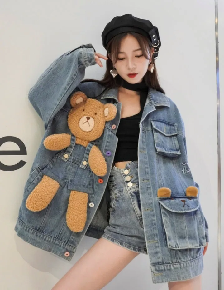 Cute 3D Three-Dimensional Design Bear Denim Jacket