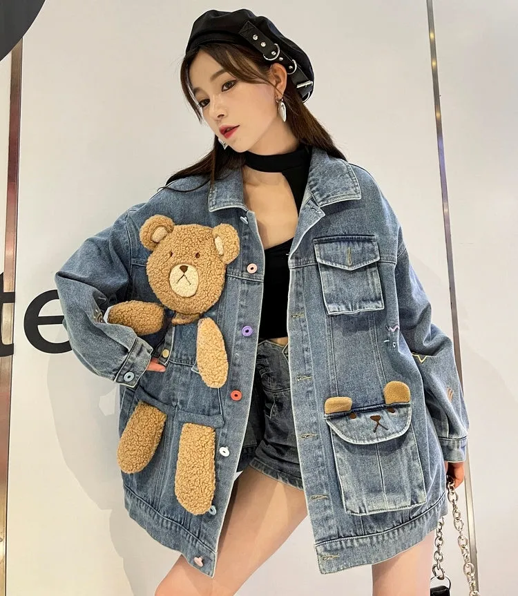 Cute 3D Three-Dimensional Design Bear Denim Jacket