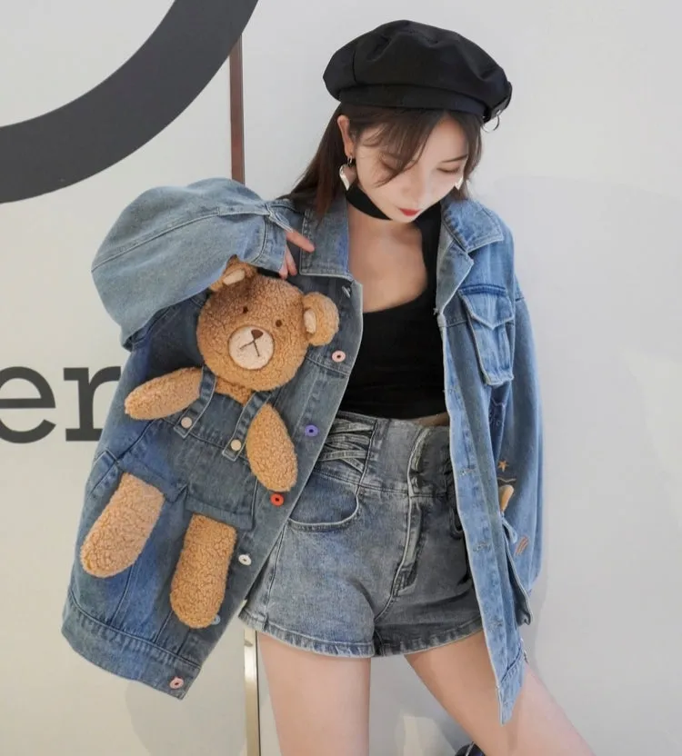 Cute 3D Three-Dimensional Design Bear Denim Jacket