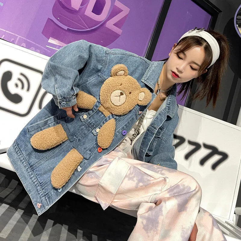 Cute 3D Three-Dimensional Design Bear Denim Jacket