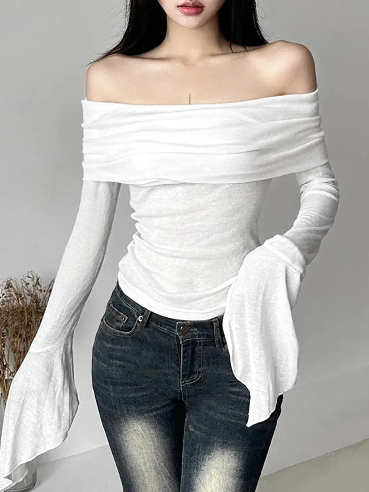 E-girl Ästhetik Elegantes Schwarz Off-Shoulder Langarmshirt