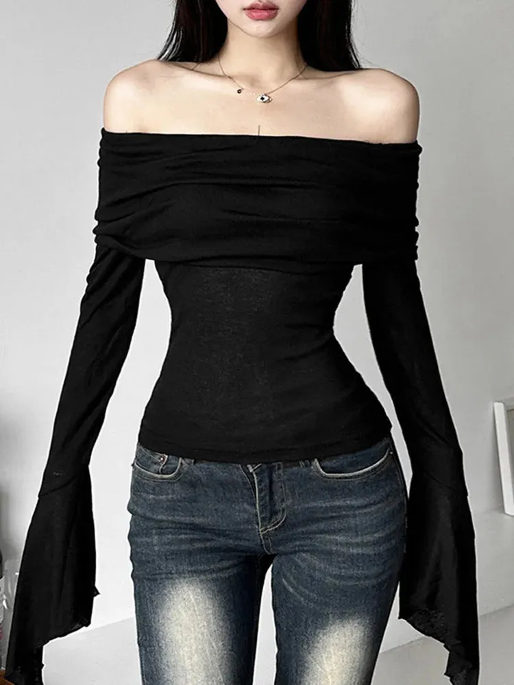 E-girl Ästhetik Elegantes Schwarz Off-Shoulder Langarmshirt